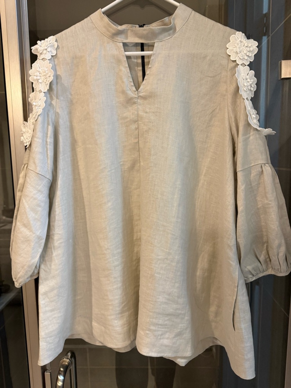 IC by Connie K Beige Cold-Shoulder Linen Tunic with Floral Appliqué